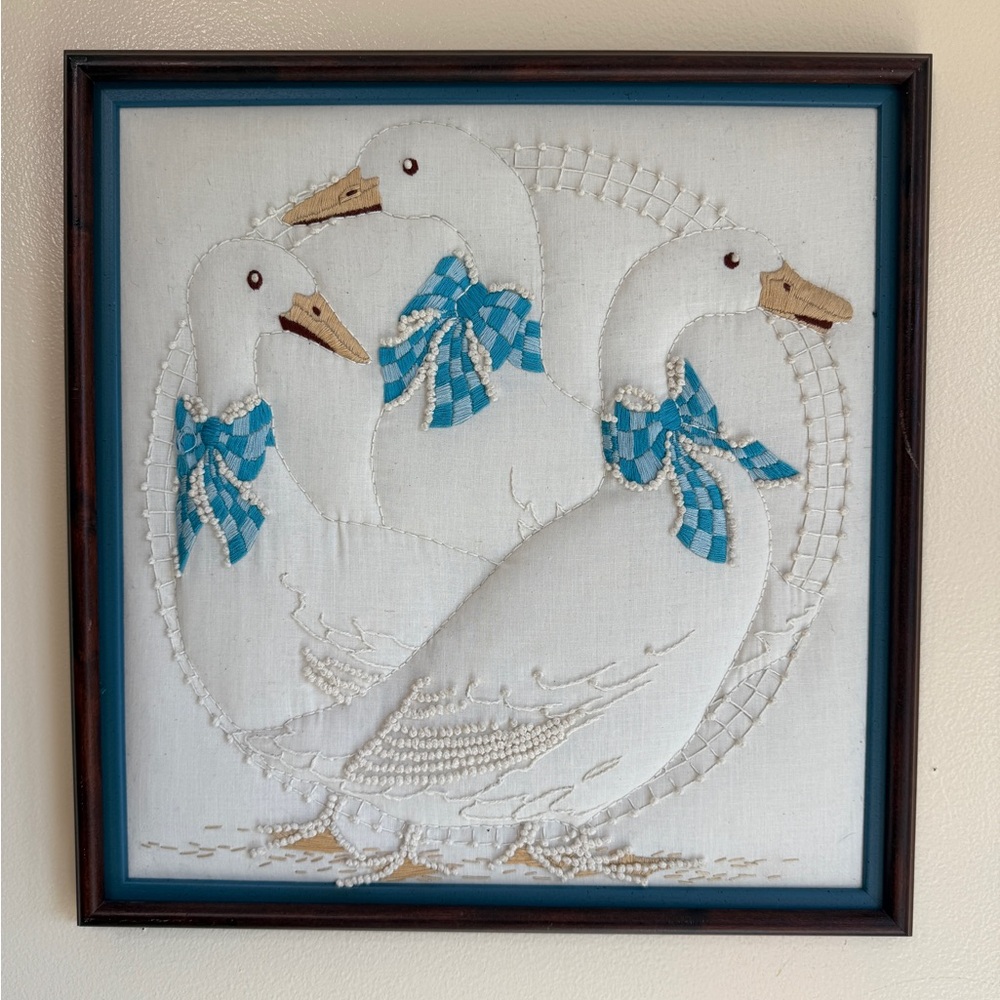 Vintage Hand Embroidered Ducks Wall Artwork